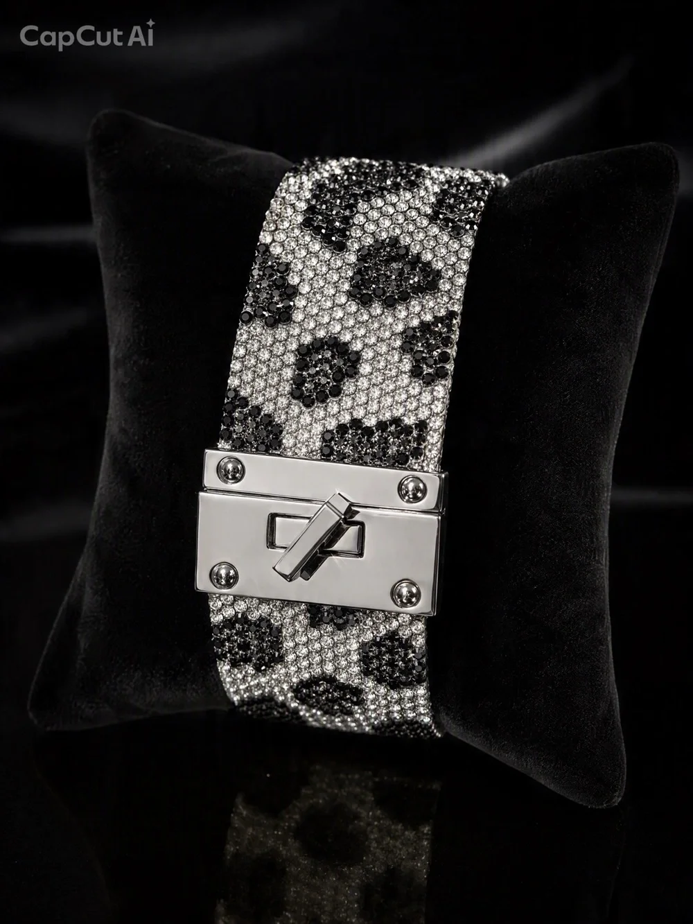 Black & Silver Rhinestone Leopard Print Wide Bracelet